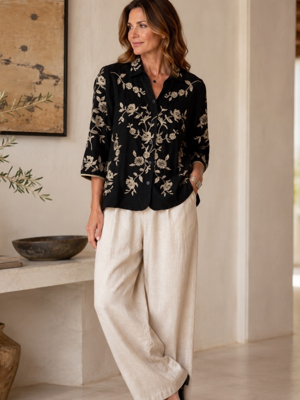 Coldwater Creek Black Silk Embroidered Floral Blouse Shacket Petite XL Boho